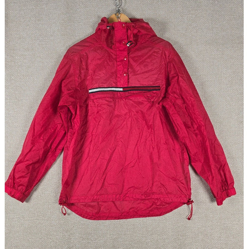 Vintage Tommy Jeans Anorak Windbreaker Jacket Red Hooded Pullover Mens Large